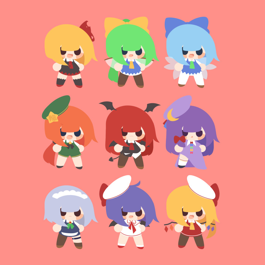 6+girls :&lt; :3 :d alternate_headwear apron araki_hirohiko_(style) baek_ban bat_wings beret black_skirt black_socks black_vest blonde_hair blue_bow blue_dress blue_hair blunt_bangs blush_stickers bow bowtie brown_pantyhose brown_shoes chibi chibi_only china_dress chinese_clothes cirno crescent crescent_hat_ornament crystal_wings daiyousei demon_tail dress embodiment_of_scarlet_devil fairy_wings flandre_scarlet green_bow green_bowtie green_dress green_hair green_necktie grey_hair hair_between_eyes hair_bow hair_ribbon hat hat_bow hat_ornament head_wings highres hong_meiling izayoi_sakuya koakuma leg_holster long_sleeves maid maid_headdress multiple_girls multiple_wings necktie no_nose open_mouth orange_hair pantyhose patchouli_knowledge pink_background ponytail purple_dress purple_hair red_bow red_bowtie red_necktie red_shoes remilia_scarlet ribbon rumia sailor_hat sharp_teeth shirt shoes short_hair short_hair_with_long_locks short_sleeves side_ponytail sidelocks simple_background skirt skirt_set smile socks solid_circle_eyes star_(symbol) star_hat_ornament tail teeth touhou tress_ribbon vest waist_apron white_pantyhose white_shirt wings yellow_bow yellow_necktie