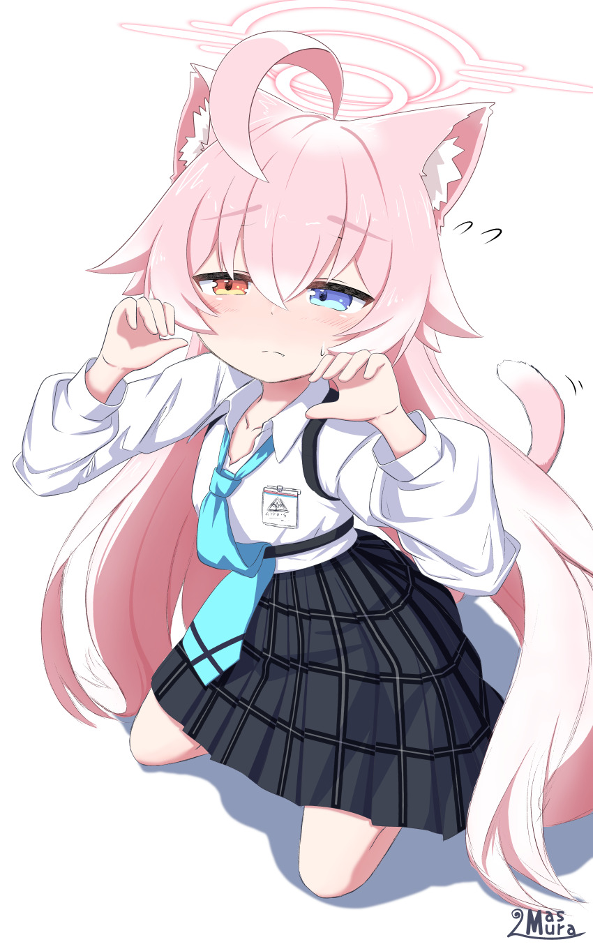 1girl absurdres ahoge animal_ear_fluff animal_ears blue_archive blue_eyes blue_necktie blush cat_ears cat_girl cat_tail closed_mouth collarbone collared_shirt commentary_request crossed_bangs embarrassed fang fang_out flying_sweatdrops frown full_body grey_skirt hair_between_eyes halo hands_up heterochromia highres hoshino_(blue_archive) id_card kneeling long_hair long_sleeves looking_at_viewer master_m_489 necktie pink_hair plaid_clothes plaid_skirt pleated_skirt raised_eyebrows school_uniform shadow shirt shirt_tucked_in sidelocks simple_background skirt solo sweatdrop tail very_long_hair white_background white_shirt wing_collar yellow_eyes