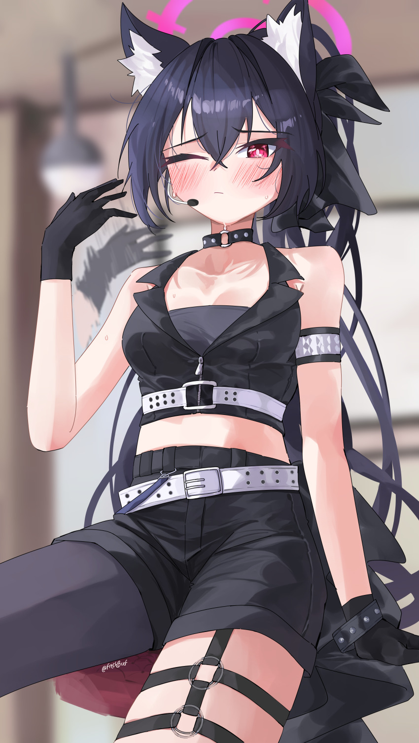 1girl ;/ absurdres afterimage animal_ear_fluff animal_ears arm_at_side bare_shoulders belt black_choker black_gloves black_hair black_ribbon black_shorts black_vest blue_archive blurry blurry_background blush breasts bright_pupils cat_ears cat_girl choker closed_mouth commentary cowboy_shot crossed_bangs english_commentary freshbeef frown gloves hair_between_eyes hair_ribbon halo hand_up highres hot idol idol_clothes indoors long_hair looking_at_viewer midriff motion_lines o-ring o-ring_choker official_alternate_costume official_alternate_hairstyle one_eye_closed open_clothes open_vest pink_halo ponytail red_eyes ribbon serika_(blue_archive) serika_(idol)_(blue_archive) shorts single_leg_pantyhose sitting sleeveless small_breasts solo sweat twitter_username very_long_hair vest white_belt zipper