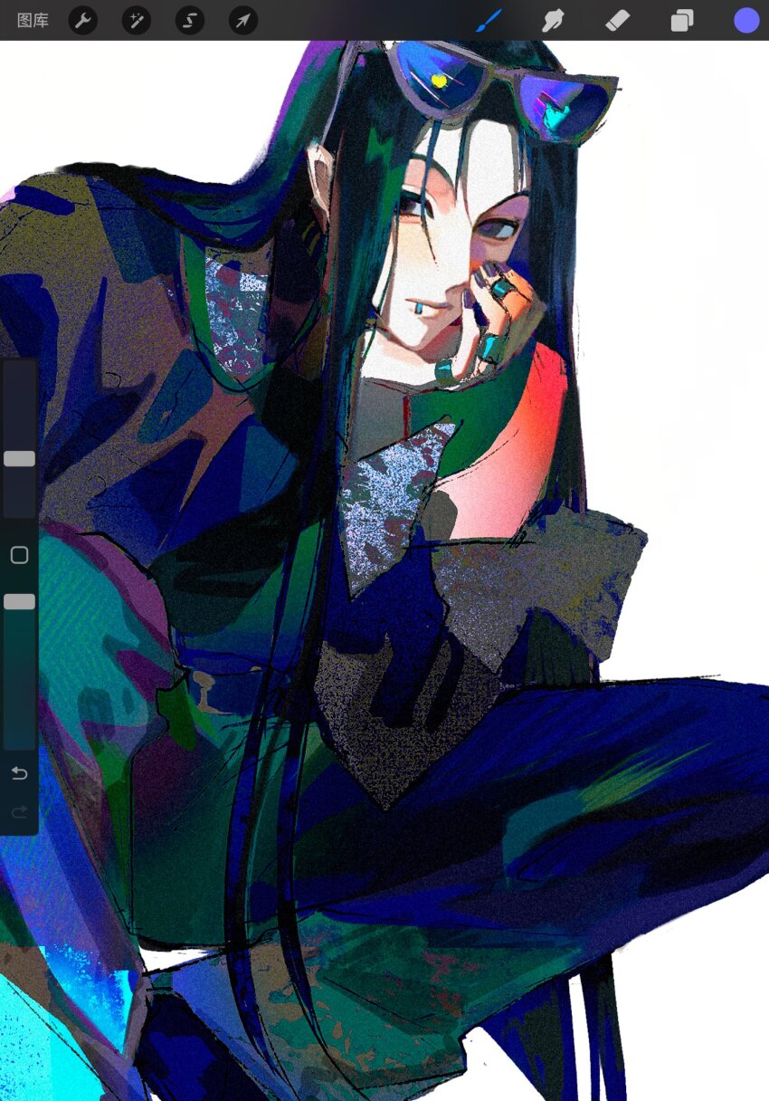 1boy aaaaapleeeee aegyo_sal arm_rest black_eyes black_hair black_jacket black_nails blue_pants chinese_commentary closed_mouth colorful commentary_request elbow_on_thigh eyewear_on_head face_piercing green_tank_top hand_on_own_chin head_rest highres hunter_x_hunter illumi_zoldyck jacket jewelry leaning_forward lip_piercing long_hair looking_at_viewer male_focus multiple_rings nail_polish narrowed_eyes pants piercing ring simple_background single_bare_shoulder squatting straight_hair sunglasses tank_top very_long_hair white_background