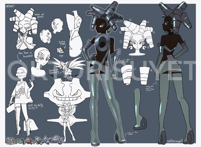 1girl aggron back backless_outfit bare_shoulders boots casual clothing_cutout colored_eyelashes crop_top dark-skinned_female dark_skin drill_hair elbow_gloves excadrill ferrothorn full_body gen_2_pokemon gen_3_pokemon gen_5_pokemon gloves grey_eyes grey_footwear grey_gloves grey_hair hand_on_own_hip high_heel_boots high_heels highres klinklang long_eyelashes looking_at_viewer multiple_views navel nintendo official_art_inset okto_(oktorisuyet) original oversized_clothes oversized_shirt pixel_art_inset pokemon pokemon_(creature) reference_sheet shiny_clothes shirt short_hair short_shorts shorts silver_footwear silver_gloves single_tear skarmory sleeveless smile standing steelix thigh_boots very_dark_skin zipper_footwear
