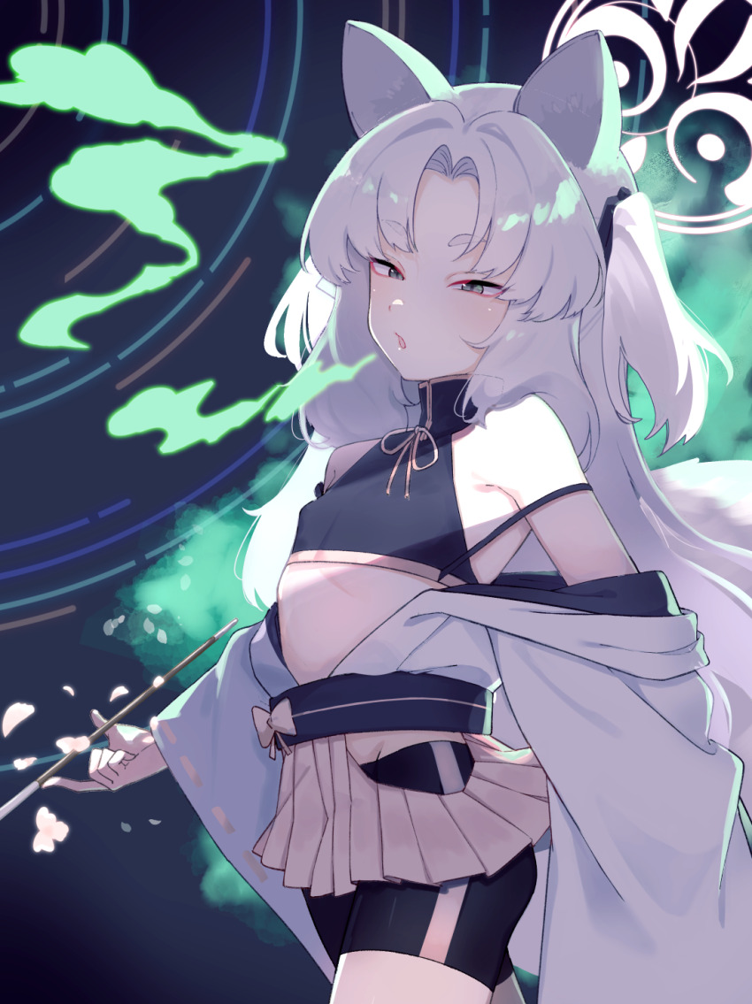 1girl animal_ears bare_shoulders bike_shorts blue_archive colored_smoke cowboy_shot eyeliner flat_chest fox_ears fox_girl fox_tail halo highres holding holding_smoking_pipe japanese_clothes kimono kuzunoha_(blue_archive) makeup night night_sky pink_kimono red_eyeliner sky smoke smoking_pipe solo tail usadadx white_hair