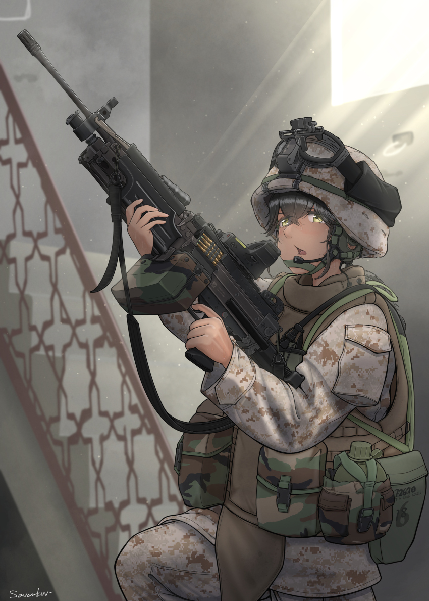 1girl 5.56x45mm_nato absurdres aiming ammunition ammunition_belt ammunition_box artist_name black_hair body_armor brown_jacket brown_pants bullet bulletproof_vest camouflage camouflage_headwear canteen carbine_cartridge chin_strap combat_helmet dark-skinned_female dark_skin digital_camouflage dmr_cartridge finger_on_trigger fn_minimi goggles goggles_on_headwear gun gun_sling hair_between_eyes helmet highres holding holding_gun holding_weapon indoors intermediate_cartridge iraq_war jacket light_machine_gun light_particles lmg_cartridge long_sleeves looking_up m249_saw m27_link machine_gun microphone military military_cartridge military_combat_uniform military_fatigues military_jacket military_uniform open_mouth optical_sight original pants pouch railing rifle_cartridge savankov soldier solo squad_automatic_weapon tracer_ammunition united_states_marine_corps upper_body weapon woodland_camouflage yellow_eyes