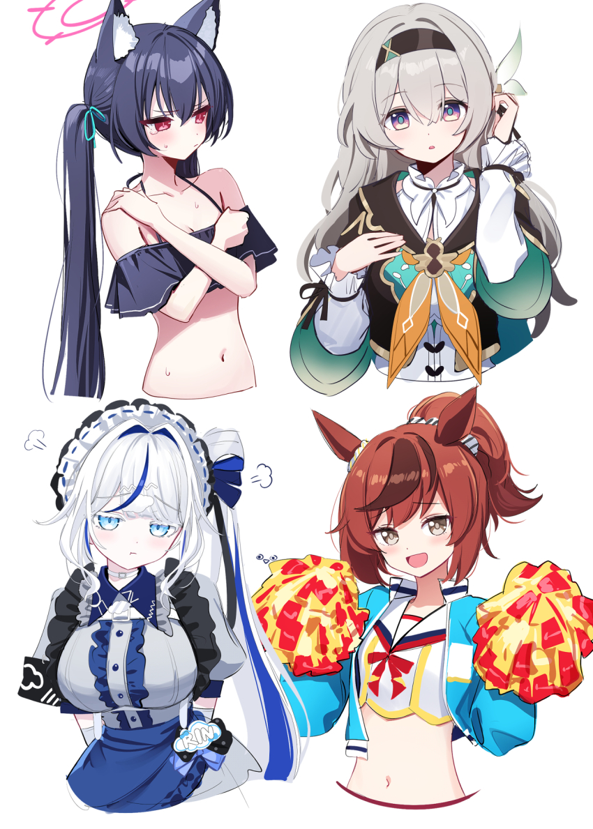 4girls animal_ears aokumo_rin bikini black_bikini black_hair black_hairband black_jacket blue_archive blue_eyes blue_hair blue_jacket blush brown_eyes brown_hair cat_ears cat_girl commentary crop_top cropped_jacket deadnooodles firefly_(honkai:_star_rail) grey_hair hair_between_eyes hair_ornament hair_rings hairband halterneck highres holding holding_pom_poms honkai:_star_rail honkai_(series) horse_ears horse_girl jacket long_hair long_sleeves looking_at_viewer looking_to_the_side multiple_girls navel neckerchief nice_nature_(run&amp;win)_(umamusume) nice_nature_(umamusume) off-shoulder_bikini off_shoulder official_alternate_costume one_side_up open_clothes open_jacket open_mouth orange_neckerchief pom_pom_(cheerleading) pom_poms ponytail purple_eyes serika_(blue_archive) serika_(swimsuit)_(blue_archive) shirt simple_background single_hair_ring stellive swimsuit twintails umamusume virtual_youtuber white_background white_hair white_shirt