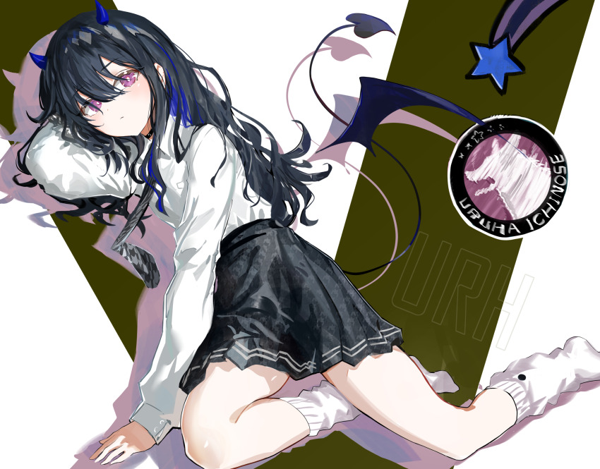 1girl arm_pillow loose_socks black_choker black_hair black_skirt blue_horns choker collared_shirt demon_tail demon_wings full_body grey_necktie heart heart_tail high-waist_skirt highres horns ichinose_uruha ichinose_uruha_(6th_costume) invisible_wall long_hair long_sleeves looking_at_viewer lupinus_virtual_games lying multicolored_hair necktie on_side pleated_skirt purple_eyes ryoma_(rym_369) shirt shirt_tucked_in sitting skirt small_horns socks solo star_(symbol) streaked_hair tail virtual_youtuber vspo! wavy_hair white_shirt white_socks wings