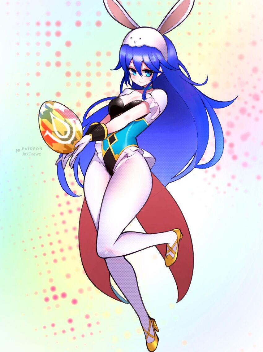 1girl animal_ears animal_hat blue_eyes blue_hair blush breasts cleavage easter_egg egg fake_animal_ears fire_emblem fire_emblem_awakening fire_emblem_heroes gloves hat highres holding holding_egg jaxdrawz leotard long_hair looking_at_viewer lucina_(fire_emblem) lucina_(spring_exalt)_(fire_emblem) nintendo official_alternate_costume pantyhose playboy_bunny rabbit_ears rabbit_hat smile solo white_pantyhose