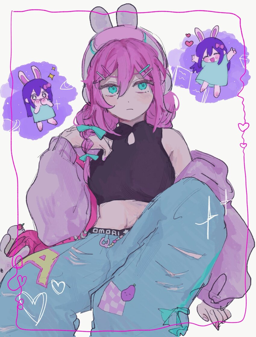 +_+ 2girls animal_ear_headphones animal_ears aubrey_(birthday)_(omori) aubrey_(faraway)_(omori) aubrey_(headspace)_(omori) aubrey_(omori) barefoot blue_bow blue_shirt blush bow braid chibi closed_eyes closed_mouth colored_skin crop_top denim dual_persona fake_animal_ears hair_bow hair_ornament hairclip headphones heart highres jeans long_hair long_shirt low_twin_braids mr._plantegg_(omori) multiple_girls navel omori open_mouth pants pink_bow pink_hair purple_eyes purple_hair rabbit_ear_headphones shirt short_sleeves simple_background sleeveless smile sparkle t-shirt torn_clothes torn_jeans torn_pants twin_braids vlhbm6uryy11316 white_background white_skin