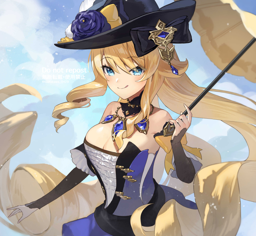 1girl :q bare_shoulders black_headwear blonde_hair blue_dress blue_eyes blue_sky breasts cleavage cloud day detached_sleeves dress drill_hair genshin_impact highres holding holding_umbrella large_breasts long_hair long_sleeves looking_at_viewer navia_(genshin_impact) sky solo strapless strapless_dress tongue tongue_out tsunakawa umbrella very_long_hair