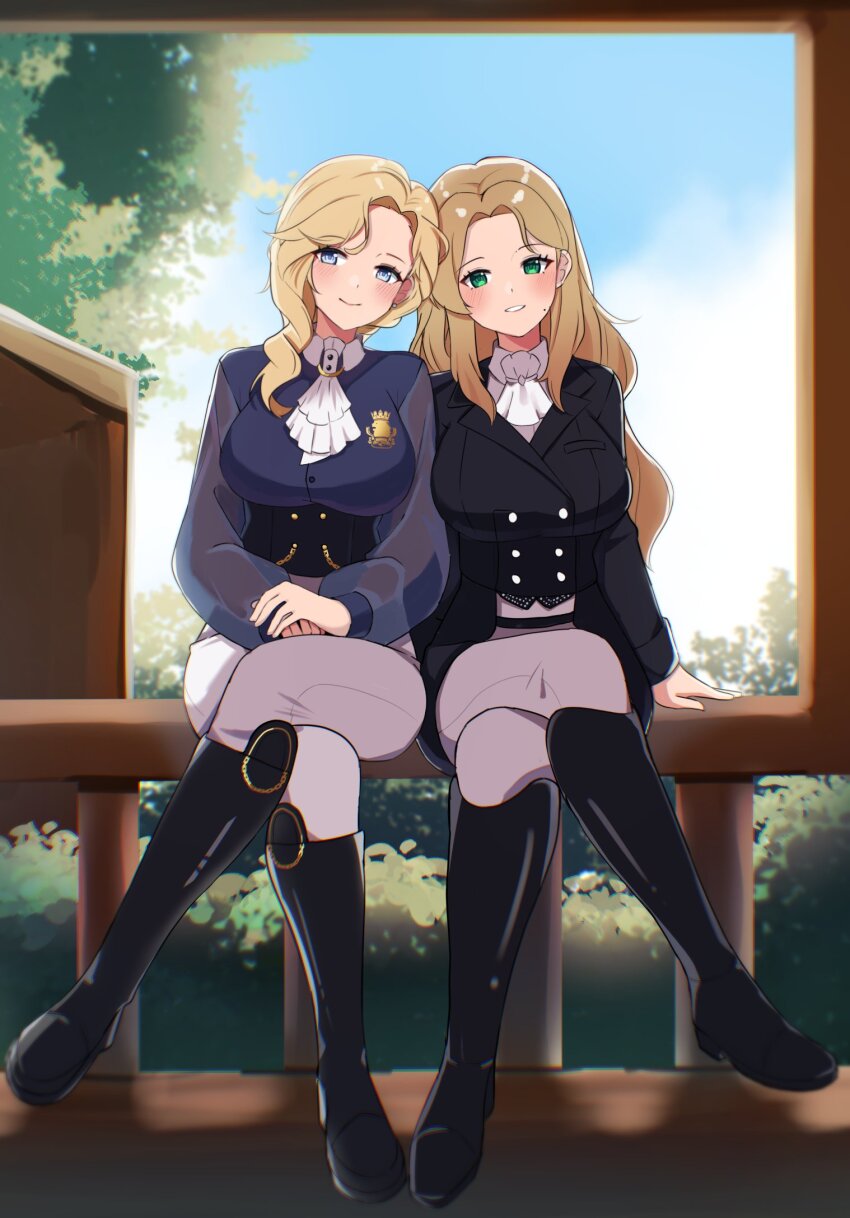 2girls alternate_costume ascot azur_lane black_boots black_jacket blonde_hair blue_eyes blue_jacket boots breasts crossed_legs earrings erushira frilled_ascot frills full_body green_eyes hair_ribbon highres hood_(azur_lane) hood_(gentlewoman_and_stallion)_(azur_lane) jacket jewelry knee_boots large_breasts long_hair long_sleeves looking_at_viewer mole mole_on_cheek multiple_girls no_headwear official_alternate_costume own_hands_together pants pants_tucked_in ribbon riding_boots riding_outfit royal_navy_emblem_(azur_lane) sitting smile vanguard_(azur_lane) white_pants