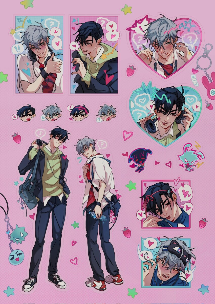 2boys alien_stage anger_vein bag bag_charm black_bag black_jacket black_mask black_pants black_shoes blue_bag blue_jacket blush charm_(object) collared_shirt commentary food fruit full_body green_hoodie hair_ribbon headphones heart heart_hands_failure highres holding holding_headphones holding_pen holding_water hood hoodie ivan_(alien_stage) jacket jacket_over_hoodie layered_shirt male_focus marik_draw mask mask_on_head multiple_boys open_clothes open_shirt pants pen pink_background pink_ribbon red_shirt ribbon shirt shoes shoulder_bag spoken_heart star_(symbol) strawberry symbol-only_commentary till_(alien_stage) tongue tongue_out white_shirt white_shoes