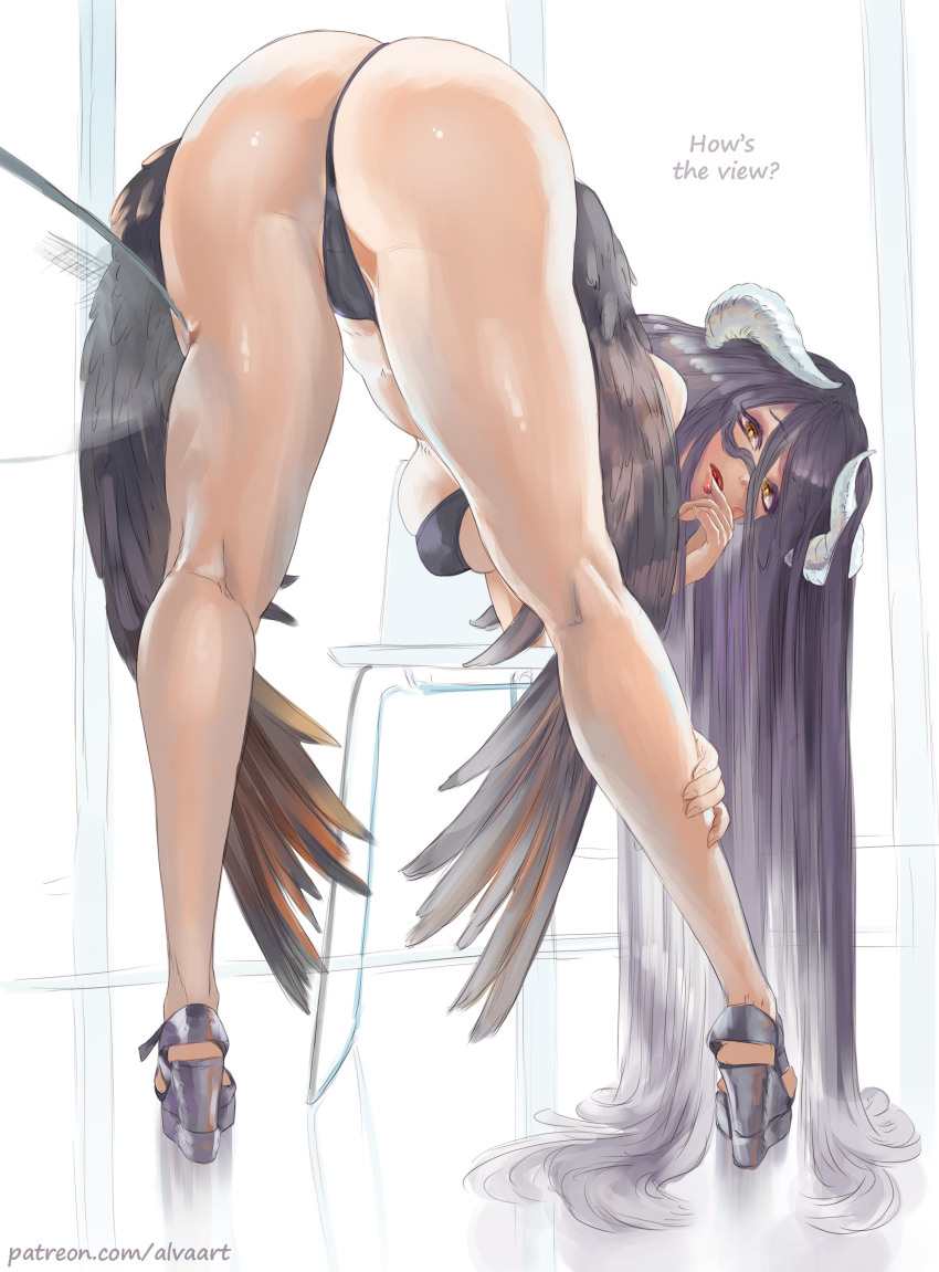 1girl absurdres albedo_(overlord) alva_(artofalva) ass bent_over bikini black_bikini black_feathers black_hair black_wings breasts demon_girl english_text feathered_wings feathers hair_between_eyes highres horns large_breasts long_hair looking_at_viewer low_horns low_wings overlord_(maruyama) solo swimsuit white_horns wings yellow_eyes