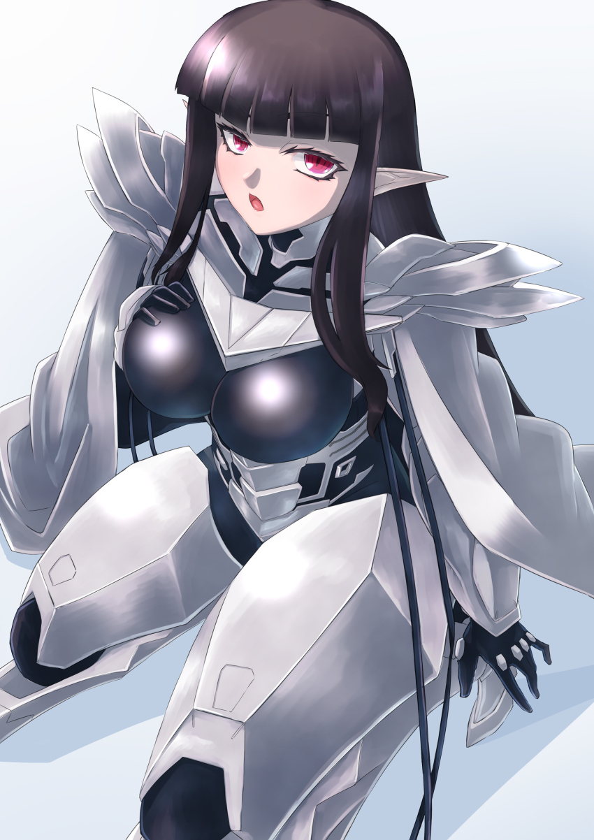 1girl absurdres alternate_costume armor black_hair blunt_bangs breasts cape commission cosplay fate_(series) gloves high_school_dxd highres kneeling large_breasts long_hair masakatsu_(xg-70b) nikkusu odysseus_(fate) odysseus_(fate)_(cosplay) open_mouth pixiv_commission pointy_ears red_eyes sidelocks slit_pupils very_long_hair