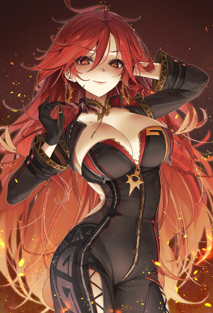 1girl absurdres arm_behind_head biker_clothes bikesuit black_bodysuit black_gloves black_jacket bodysuit breasts cleavage clothing_cutout cropped_jacket earrings embers full-length_zipper genshin_impact gloves gradient_background gradient_hair hair_between_eyes highres holding holding_removed_eyewear jacket jewelry large_breasts long_hair long_sleeves looking_at_viewer mavuika_(genshin_impact) multicolored_hair orange_eyes orange_hair orange_pupils red_hair side_cutout smile smirk solo strapless_bodysuit sun_earrings sunglasses unworn_eyewear very_long_hair wet.elephant zipper zipper_pull_tab
