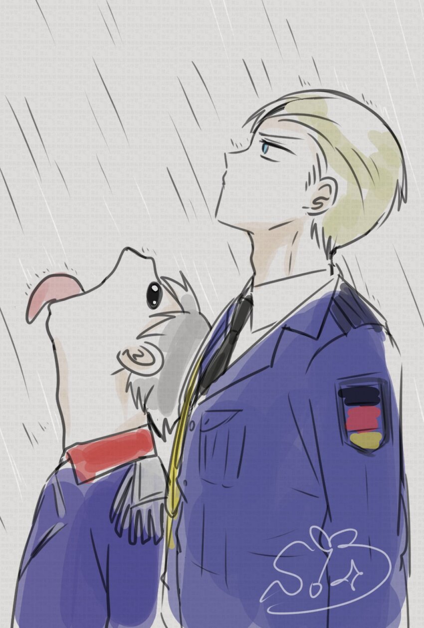 2boys axis_powers_hetalia black_eyes black_necktie blonde_hair blue_eyes blue_jacket brothers closed_mouth collared_shirt epaulettes german_flag germany_(hetalia) goku_and_vegeta_in_the_rain_(meme) grey_hair grey_sky highres jacket lapels long_sleeves looking_up male_focus meme military_jacket multiple_boys necktie open_mouth outdoors pocket prussia_(hetalia) rain shirt short_hair siblings sky sooo93_ra standing tongue tongue_out v-shaped_eyebrows white_shirt