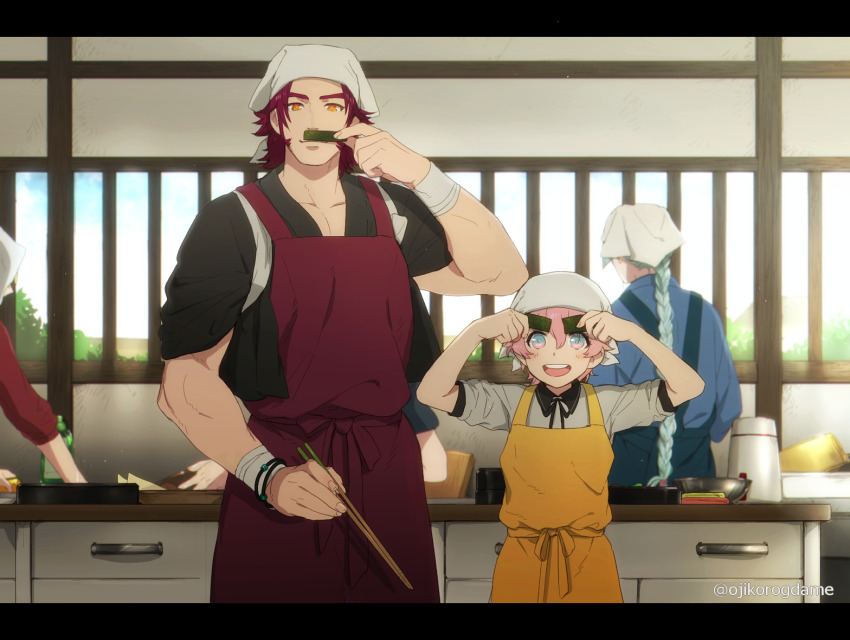 4boys :d akita_toushirou apron blue_eyes blue_hair bowl braid chopsticks japanese_clothes kitchen kousetsu_samonji long_sideburns male_focus multiple_boys nori_(seaweed) ojiko open_mouth pink_hair red_hair single_braid sleeves_rolled_up smile tenugui tonbokiri_(touken_ranbu) touken_ranbu twitter_username yamanbagiri_kunihiro yellow_eyes