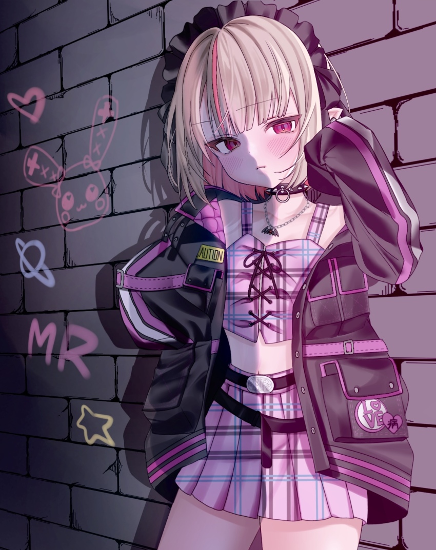 1girl alternate_headwear arm_belt belt belt_buckle black_belt black_collar black_headdress black_jacket black_ribbon blunt_bangs blush bob_cut brick_wall buckle caution chain chain_necklace closed_mouth clothes_writing collar collarbone colored_inner_hair cowboy_shot crop_top cross-laced_clothes cross-laced_top debitto_(makaino_ririmu) drop_shadow ear_cuffs grey_hair hair_ribbon hand_in_pocket hand_up highres jacket jewelry looking_at_viewer loose_belt maid_headdress makaino_ririmu makaino_ririmu_(6th_costume) midriff miniskirt multicolored_hair multiple_belts navel necklace nijisanji o-ring_collar official_alternate_hairstyle open_clothes open_jacket pendant pink_belt pink_hair pink_jacket pink_skirt pink_streaks plaid_clothes plaid_skirt pleated_skirt pocket pointy_ears red_eyes ribbon sidelighting skirt sleeves_past_fingers sleeves_past_wrists solo spiked_collar spikes standing streaked_hair two-sided_fabric two-sided_jacket two-tone_hair virtual_youtuber yofuneda