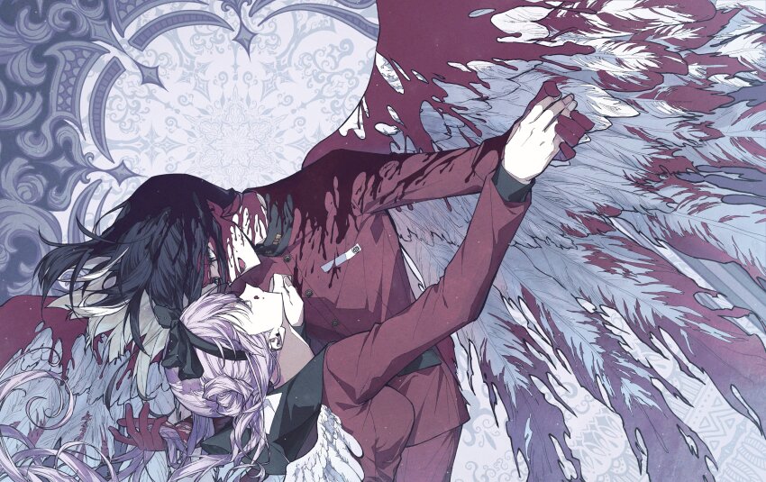 1boy 1girl absurdres black_bow black_hair black_hairband black_sailor_collar blonde_hair blood blood_in_hair blood_on_clothes blood_on_face bloody_wings bow brother_and_sister closed_mouth collared_shirt colored_inner_hair double_bun expressionless eyeegg_hl feathered_wings hair_bun hairband hand_on_another&#039;s_chest highres holding_another&#039;s_hair holding_hands jacket long_hair long_sleeves looking_at_another making-of_available medium_hair multicolored_hair open_mouth pink_hair purple_eyes red_jacket ringed_eyes sailor_collar school_uniform shirt siblings smile the_hundred_line_-last_defense_academy- tsukumo_ima tsukumo_kako twins twintails two-tone_hair white_wings wings
