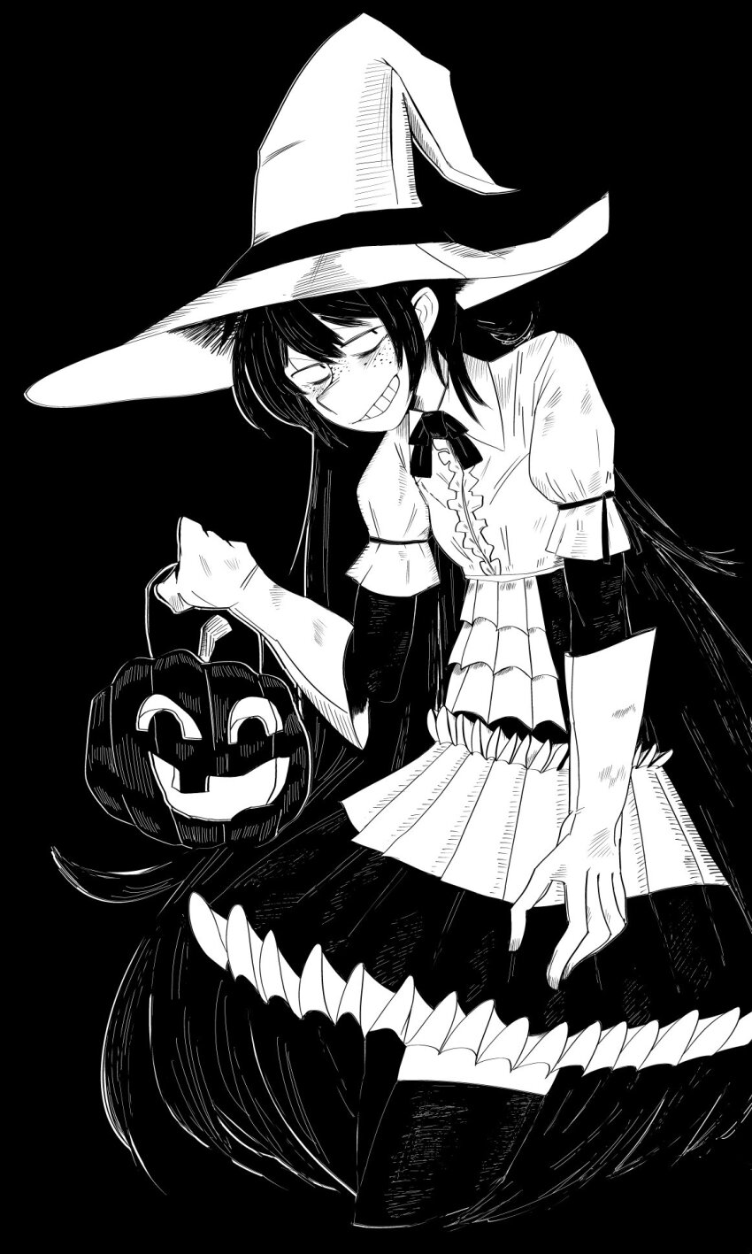 black_background black_thighhighs freckles greyscale grin halloween halloween_costume hat highres jack-o&#039;-lantern jimiko monochrome original pumpkin sanpaku simple_background smile sugarspot_jr. teeth thighhighs witch witch_hat zettai_ryouiki