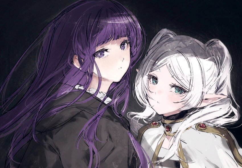 2girls black_background capelet dress elf fern_(sousou_no_frieren) frieren green_eyes highres long_hair looking_at_viewer moku_(muooku) multiple_girls pointy_ears simple_background sousou_no_frieren white_capelet white_hair