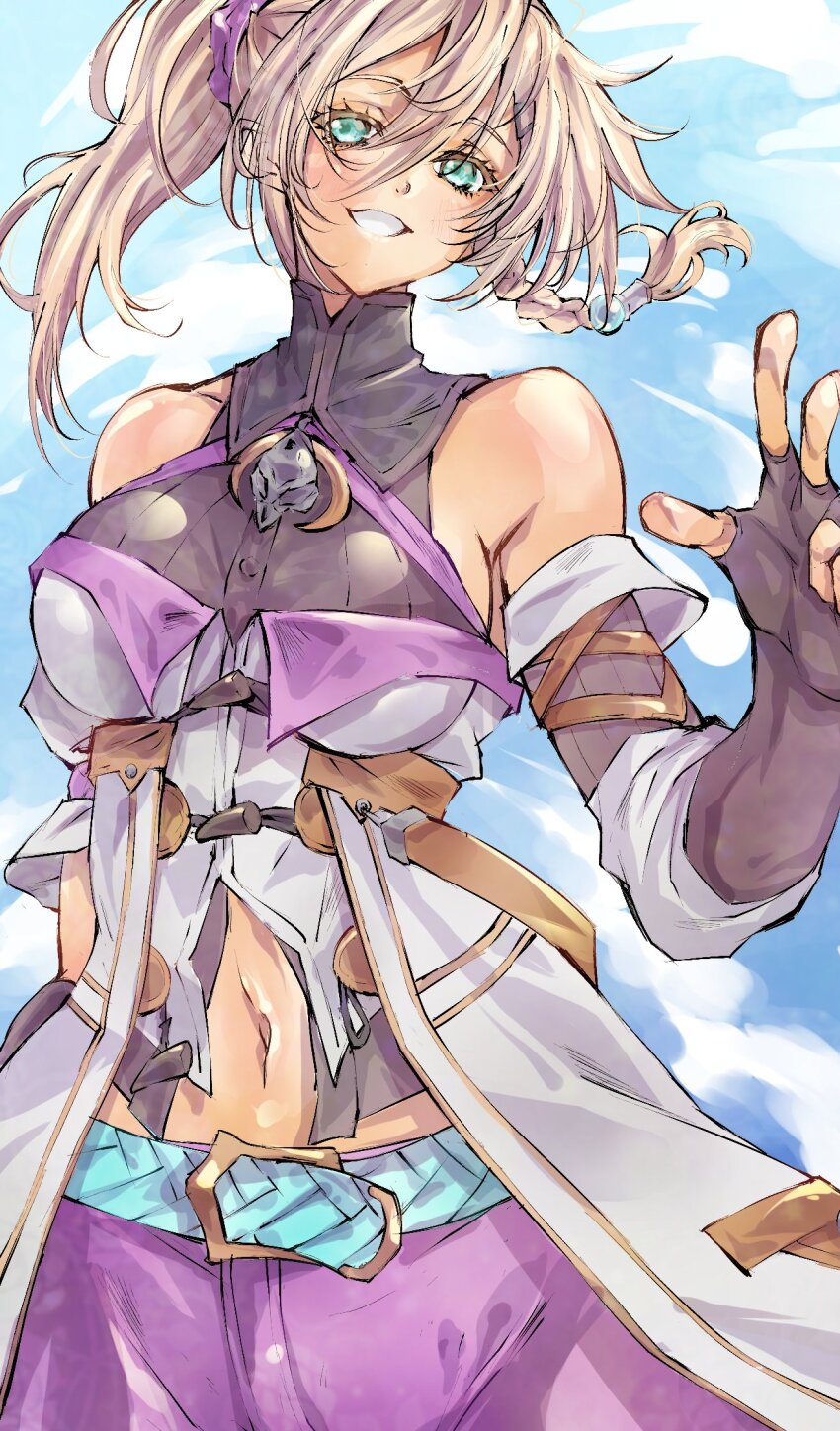 1girl bare_shoulders blonde_hair blue_sky braid cloud green_eyes hair_between_eyes highres karja_balta looking_at_viewer medium_hair midriff navel side_ponytail sky smile solo stomach wochi ys ys_x:_nordics