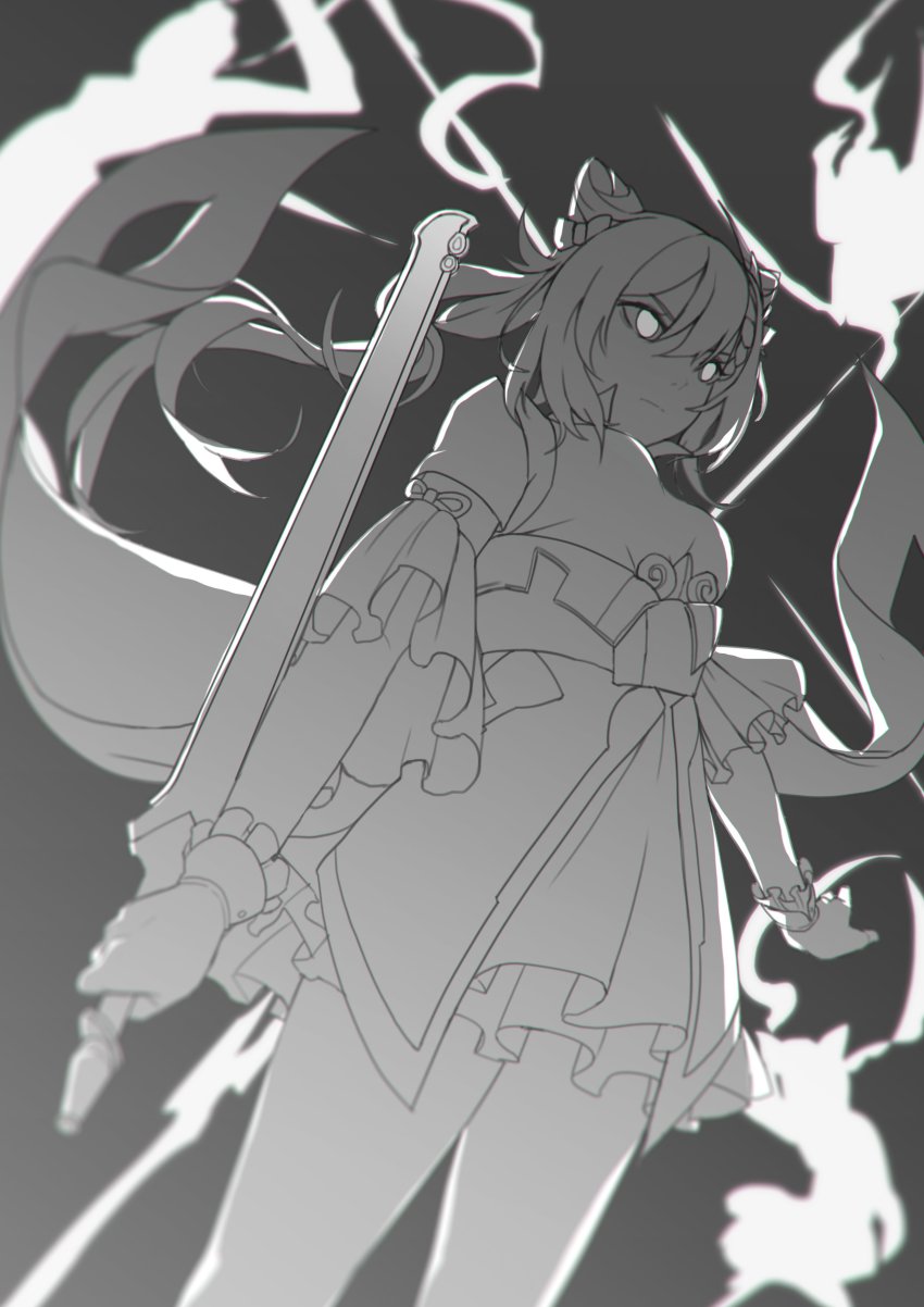 1girl absurdres afterimage bow closed_mouth cone_hair_bun frills genshin_impact greyscale hair_between_eyes hair_bun highres holding holding_sword holding_weapon keqing_(genshin_impact) long_hair mazumaro monochrome reverse_grip solo sword twintails weapon