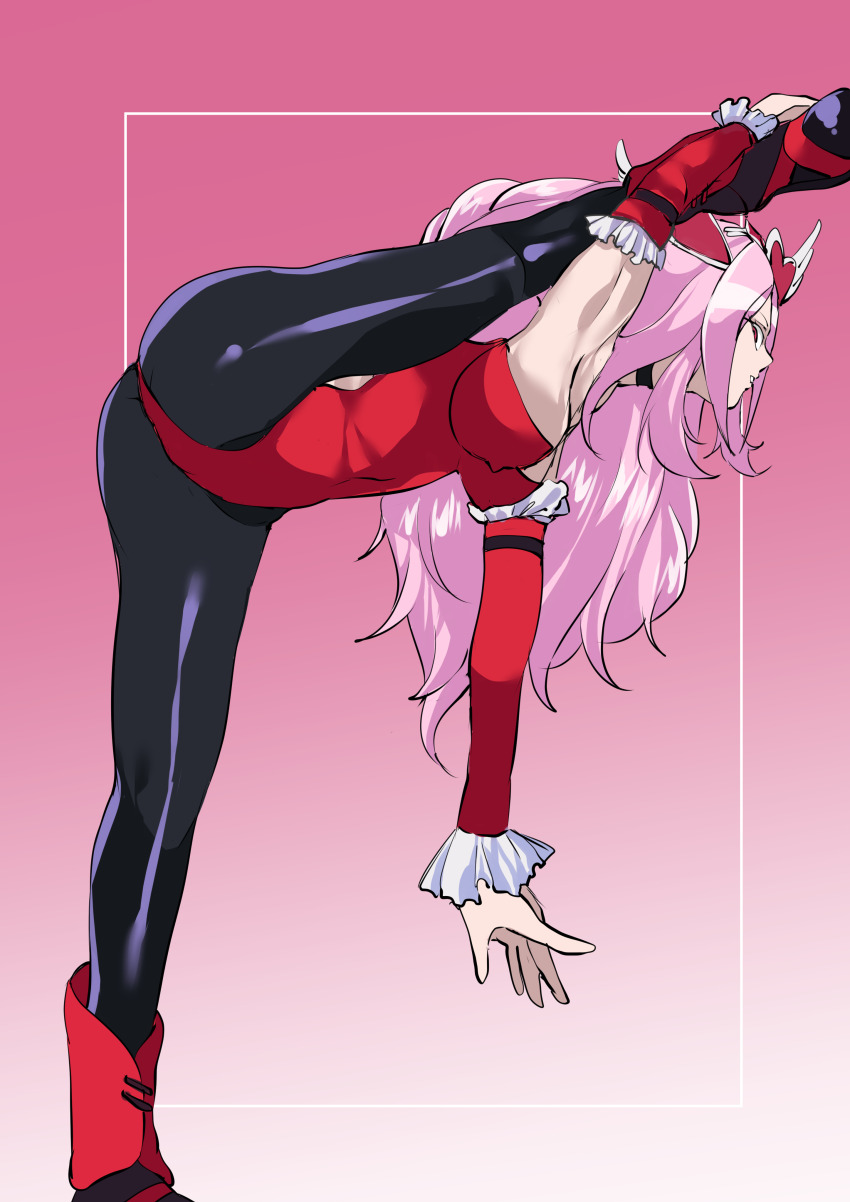1girl absurdres black_choker breasts choker commission contortion cure_passion detached_sleeves flexible fresh_precure! frills go_tarof_(tarou) gradient_background higashi_setsuna highres holding_own_leg leotard long_hair medium_breasts oversplit pantyhose pink_background pink_hair pixiv_commission precure red_footwear red_leotard solo split standing standing_on_one_leg standing_split stretching