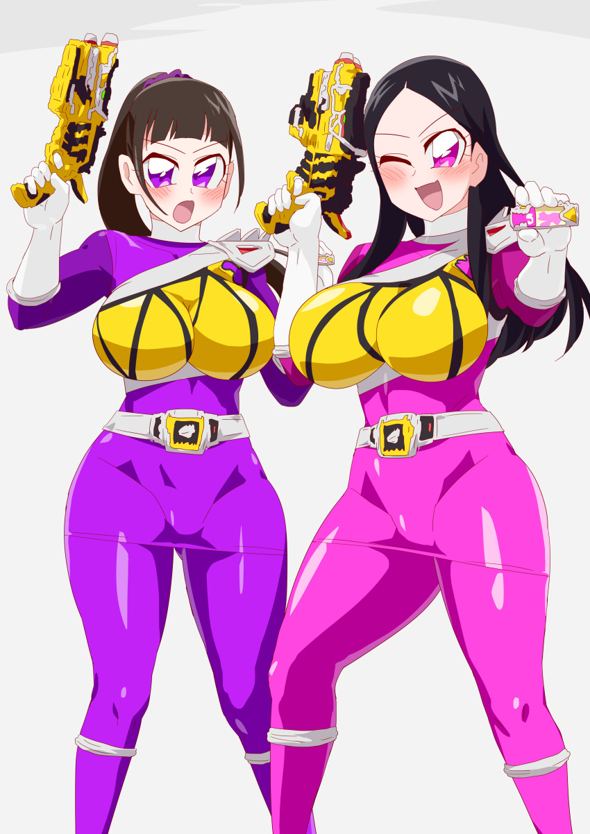 2girls absurdres amy_yuzuki black_hair blaster_(weapon) bodysuit brown_hair highres holding_blaster magenta_eyes multiple_girls no_headwear otokamu pin_up purple_hair super_sentai yayoi_ulshade zyuden_sentai_kyoryuger