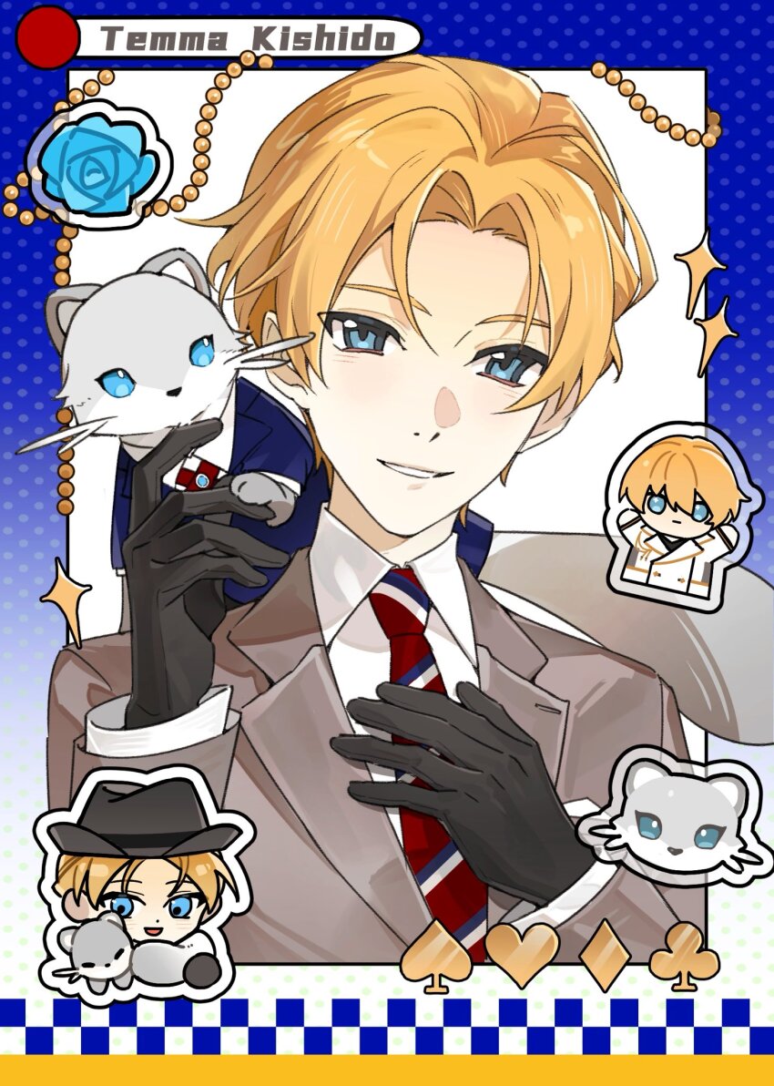 1boy animal birthday black_gloves blonde_hair blue_border blue_eyes blue_flower blue_rose border character_name chibi clothed_animal clover collared_shirt commentary_request diagonal-striped_clothes diagonal-striped_necktie diamond_(shape) dot_nose dress_shirt english_text fedora ferret flower formal_clothes gloves grey_hat grey_suit hand_on_own_chest hands_up hat heart highres hiurakanae hiyamaru holostars kishido_temma kishido_temma_(1st_costume) kishido_temma_(5th_costume) multicolored_necktie multiple_views necktie official_alternate_costume official_alternate_hairstyle on_shoulder open_mouth outside_border parted_lips pet playing_card_theme polka_dot_border portrait red_necktie rose shirt smile solo_focus spade_(shape) sparkle striped_clothes striped_necktie suit three_quarter_view virtual_youtuber white_shirt white_suit