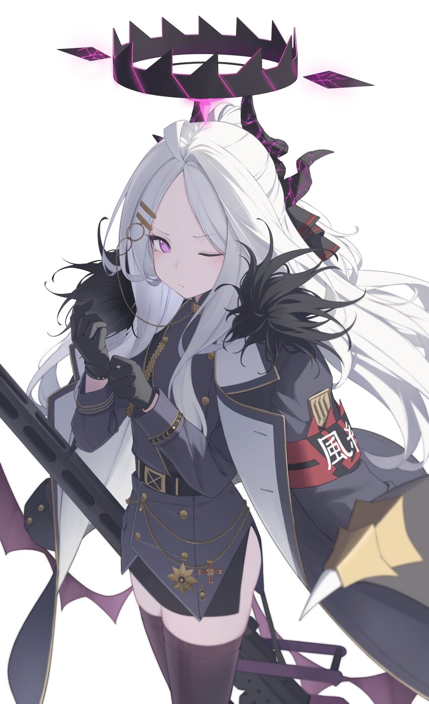 1girl absurdres adjusting_clothes adjusting_gloves ahoge armband astra_chichi black_gloves black_halo blue_archive blush closed_mouth coat coat_on_shoulders demon_girl demon_horns demon_wings fur-trimmed_coat fur_trim gloves grey_hair gun halo highres hina_(blue_archive) horns long_hair looking_at_viewer machine_gun mg42 miniskirt one_eye_closed purple_eyes purple_thighhighs red_armband simple_background skirt thighhighs weapon white_background wings