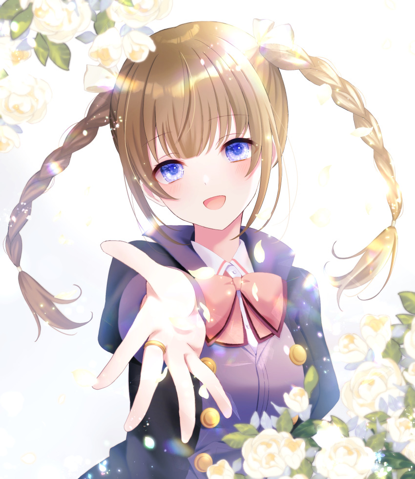 1girl :d arm_at_side assault_lily black_jacket blue_eyes blush bow bowtie braid breasts brown_hair buttons collared_shirt commentary_request flower gradient_background grey_background hair_ribbon hand_up head_tilt highres jacket jewelry juliet_sleeves kishimoto_lucia_raimu lens_flare light_particles long_hair long_sleeves looking_at_viewer ludvico_private_girls&#039;_academy_school_uniform medium_breasts mizuha_(dreamchild_0504) offering_hand open_hand open_mouth outstretched_arm pink_bow pink_bowtie puffy_sleeves reaching reaching_towards_viewer ribbon ring rose school_uniform shirt smile solo standing twin_braids twintails upper_body white_background white_flower white_ribbon white_rose white_shirt