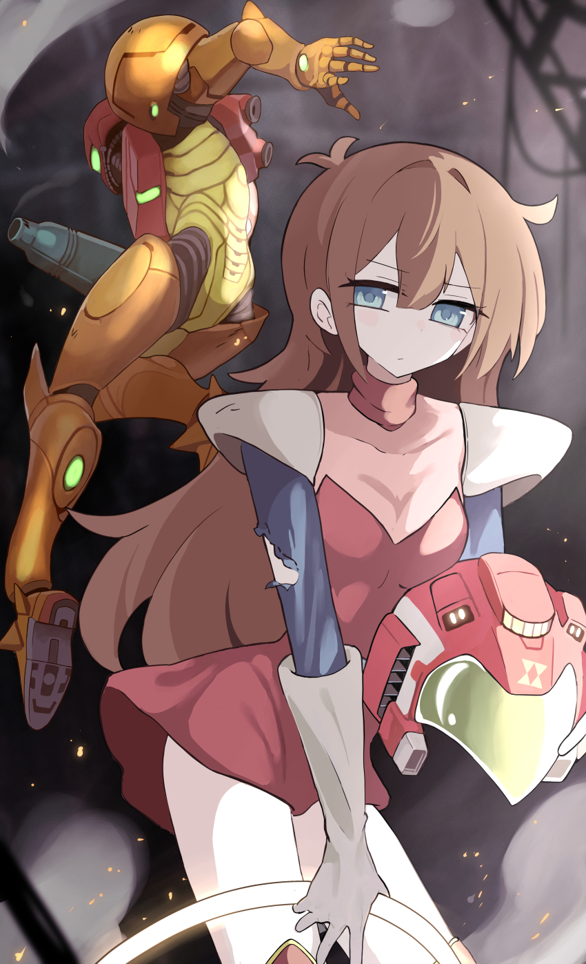 2girls absurdres arm_cannon blue_eyes breasts brown_hair commission gloves grey_background grey_gloves helmet highres kanda_momo long_hair looking_at_viewer metroid multiple_girls nintendo pixiv_commission power_suit power_suit_(metroid) putchi_(kinokonokami) samus_aran small_breasts torn_clothes unworn_headwear unworn_helmet varia_suit weapon wonder_momo