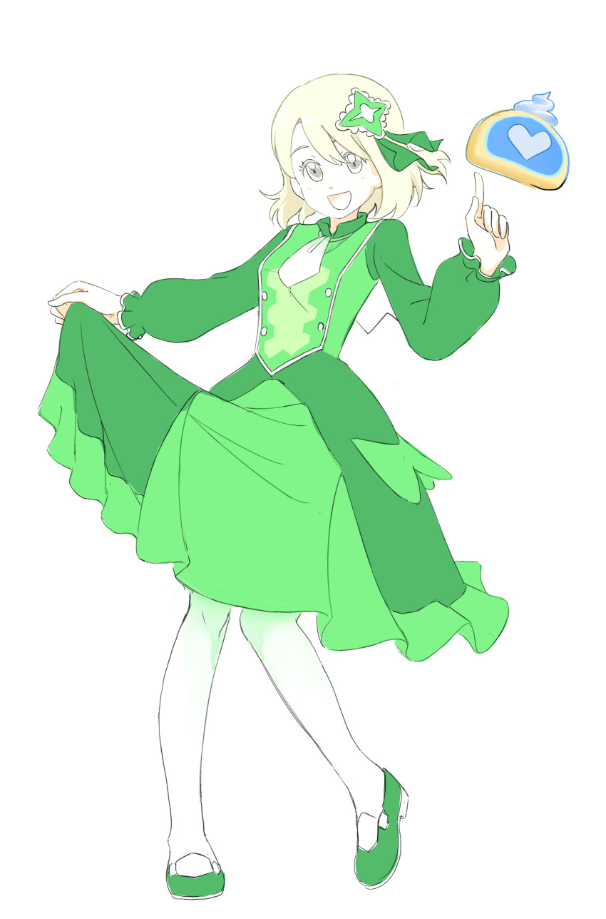 :d absurdres alternate_color blonde_hair dress full_body green_dress grey_eyes hair_ornament highres index_finger_raised long_sleeves looking_at_viewer nintendo official_alternate_costume official_alternate_hairstyle open_mouth pokemon pokemon_masters_ex serena_(pokemon) serena_(sygna_suit)_(pokemon) short_hair skirt_hold smile u4_99384295 white_background