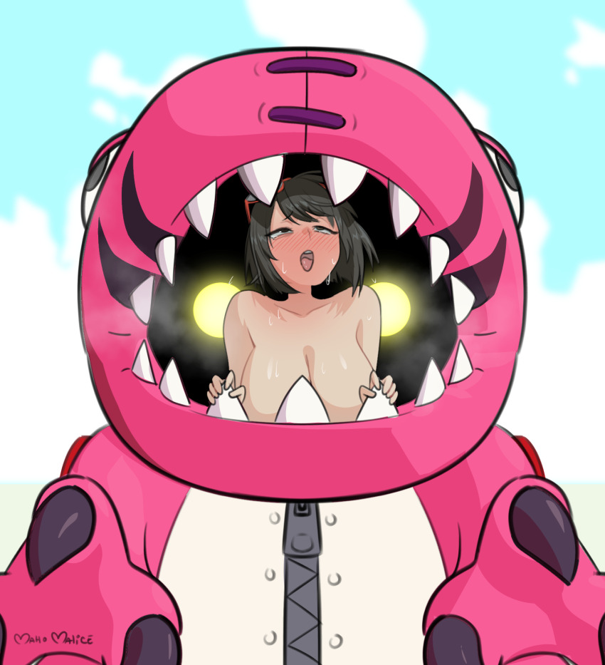 1girl ahegao breasts claws digimon digimon_(creature) digimon_story:_time_stranger ex-tyranomon eyewear_on_head glowing glowing_eyes highres huge_breasts implied_sex maho_malice mascot_costume open_mouth sharp_teeth steaming_body sweat teeth tongue tongue_out yuuki_kanan zipper zipper_pull_tab