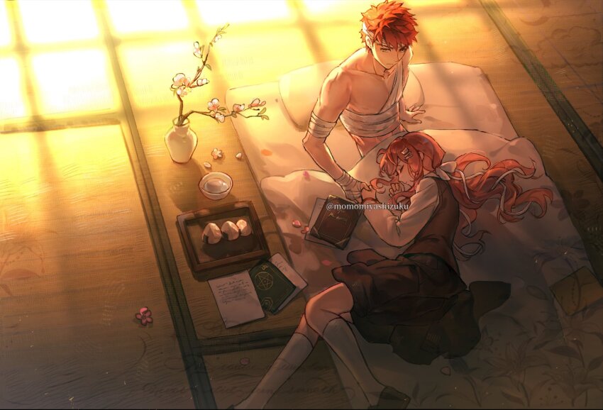 1girl bandaged_arm bandaged_chest bandaged_hand bandaged_head bandaged_wrist bandages black_skirt blush book book_stack breasts brown_vest bruise closed_eyes commissioner_insert couple cross cross_print emiya_shirou fate/stay_night fate_(series) gaoyue_jixiang hair_ribbon highres homurabara_academy_school_uniform injury long_hair momomiya_shizuku_(gaoyue_jixiang) muscular muscular_male naked_bandage neck_ribbon nipples nude oc_x_canon open_book orange_hair original pastels pectorals pink_eyes print_ribbon red_hair red_ribbon ribbon school_uniform skirt sleeping sleeping_on_person two_side_up undone_neck_ribbon vest zzz