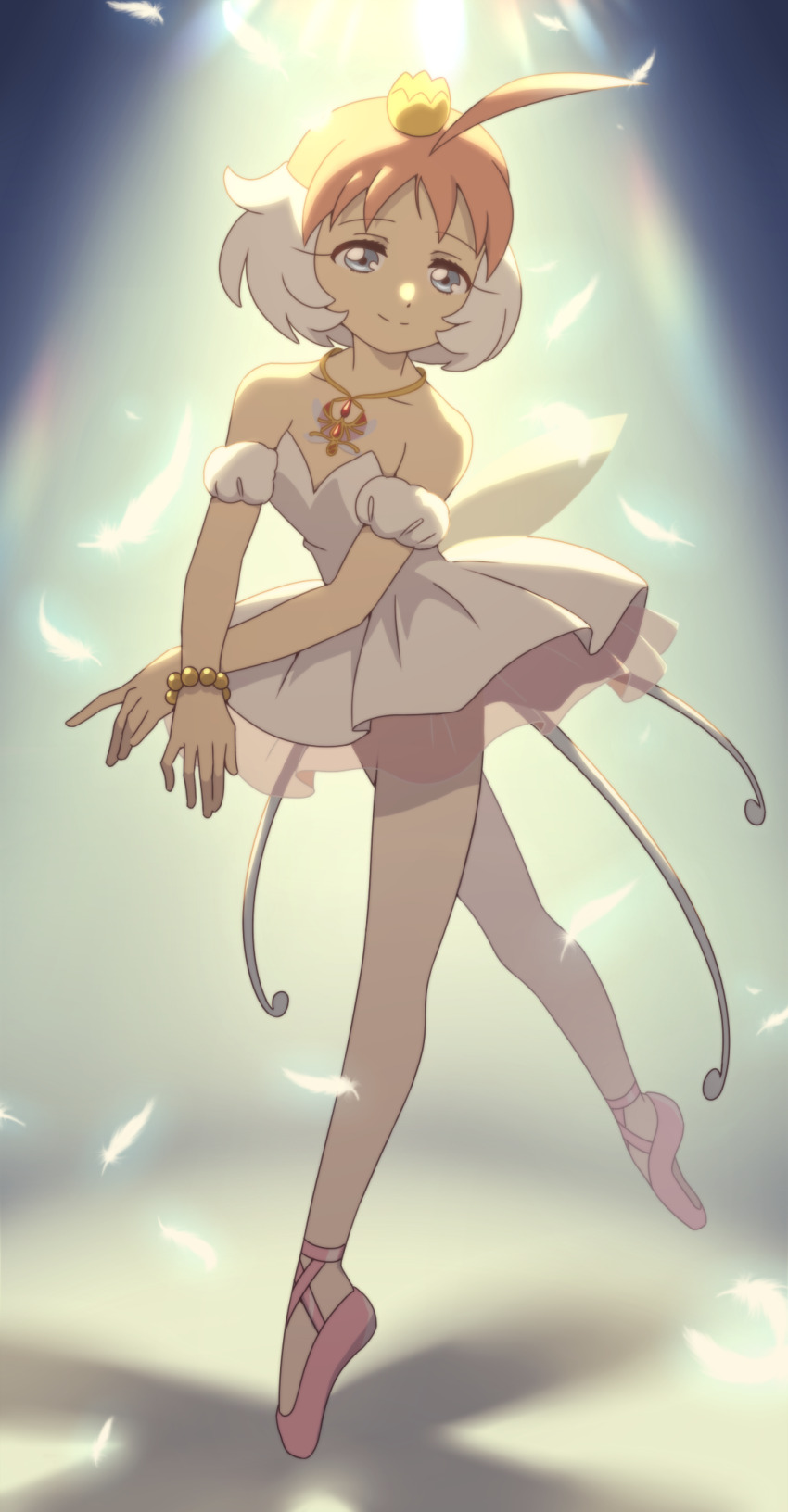 1girl ahiru_(princess_tutu) ahoge ballerina ballet_slippers bare_shoulders blue_eyes bracelet closed_mouth collarbone crown detached_sleeves eyelashes full_body highres id_kaeta jewelry multicolored_hair necklace princess_tutu princess_tutu_(character) short_hair solo two-tone_hair