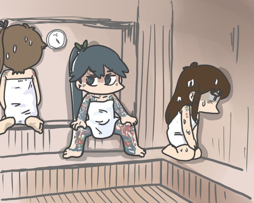 3girls akagi_(kancolle) black_eyes black_hair brown_eyes commentary_request ferret-san full-body_tattoo houshou_(kancolle) kaga_(kancolle) kantai_collection long_hair multiple_girls naked_towel no_mouth ponytail sauna side_ponytail sweat tattoo thermometer towel very_sweaty