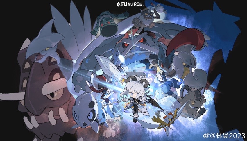 1girl absurdres animal_ears aron artist_name bastiodon bear_ears black_background black_footwear black_pants black_shirt black_sleeves blue_coat blue_eyes boots bronzong character_request check_copyright chibi chinese_commentary closed_mouth coat commentary_request copyright_request escavalier frown fukurou_(linxiao_2024) full_body galarian_form galarian_meowth game_freak gen_1_pokemon gen_2_pokemon gen_3_pokemon gen_4_pokemon gen_5_pokemon gen_7_pokemon gen_8_pokemon gloves glowing grey_gloves grey_socks highres holding holding_sword holding_weapon kartana long_sleeves lucario magnemite medium_hair meltan metagross mythical_pokemon nintendo original pants pawniard perrserker pokemon pokemon_(creature) shieldon shirt skarmory sleeveless sleeveless_coat socks striped_clothes striped_socks sword togedemaru ultra_beast v-shaped_eyebrows vertical-striped_clothes vertical-striped_socks watermark weapon weibo_watermark white_hair white_wrist_cuffs wrist_cuffs