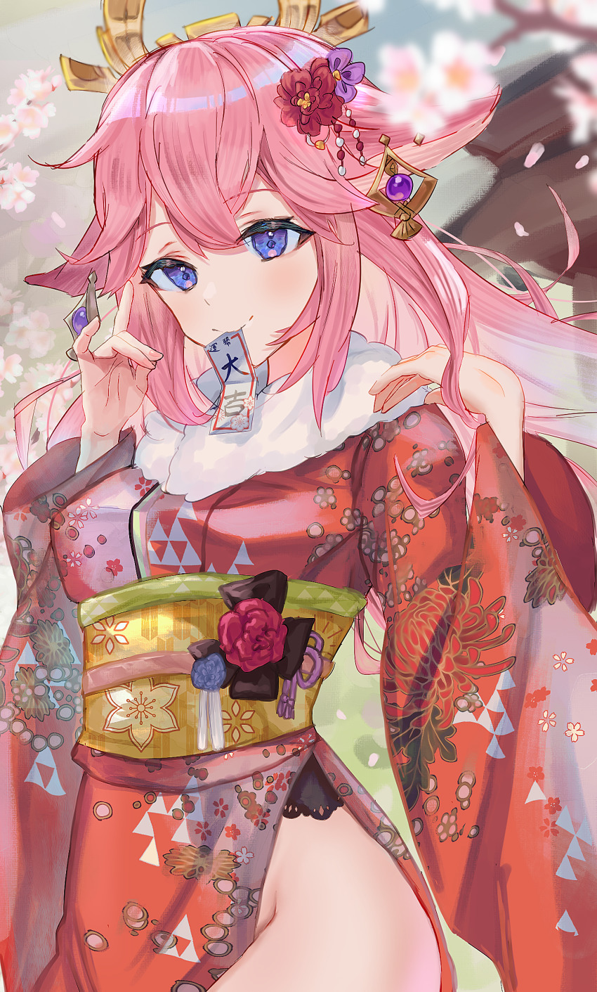 1girl absurdres alternate_costume animal_ears blush branch breasts cherry_blossoms chrysanthemum_print commentary_request cowboy_shot earrings eyelashes feet_out_of_frame fingernails floral_print flower fox_ears fox_shadow_puppet fur_trim genshin_impact hair_between_eyes hair_flower hair_ornament highres isuzu_(an_icy_cat) japanese_clothes jewelry kimono large_breasts long_hair long_sleeves looking_at_viewer miko mouth_hold nail_polish new_year obi pink_hair pink_nails priestess print_kimono red_flower red_kimono red_rose rose sash side_slit smile solo standing thighs tree wide_sleeves yae_miko