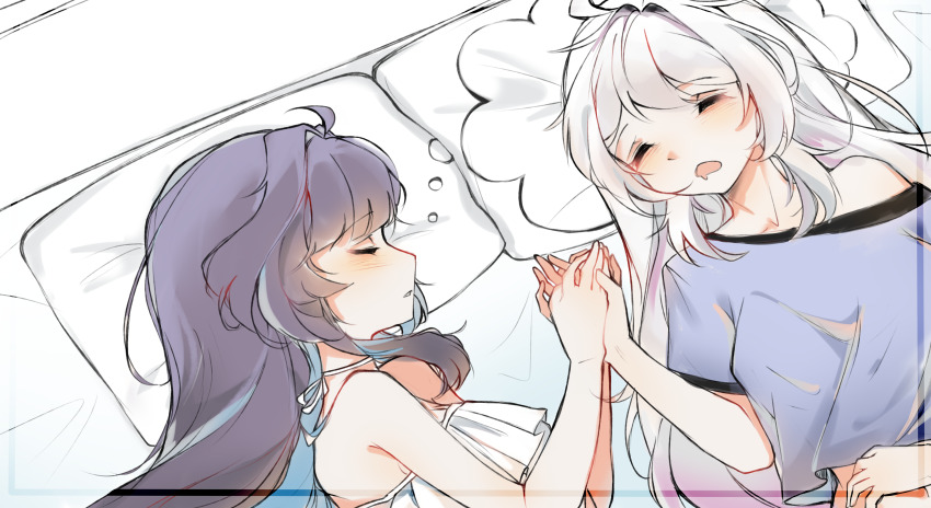 2girls absurdres blush dreaming_pillow_motif_(meme) grey_hair highres holding_hands honkai_(series) honkai_impact_3rd kiana_kaslana meme mikori multiple_girls on_bed pajamas pillow raiden_mei simple_background sleeping yuri