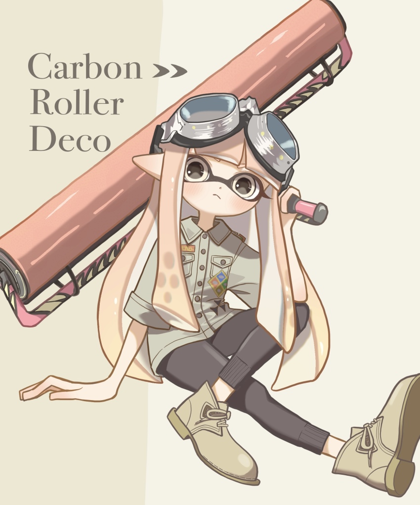 1girl black_pants breast_pocket carbon_roller_(splatoon) closed_mouth collared_shirt commentary eyelashes goggles goggles_on_head grey_shirt grey_shoes highres holding holding_weapon inkling inkling_girl inkling_player_character long_hair looking_at_viewer nintendo orange_hair osakanagumi11 pants pocket pointy_ears shirt shoes sitting solo splatoon_(series) splatoon_3 symbol-only_commentary tentacle_hair weapon weapon_name white_eyes yellow_background