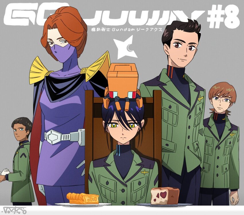 2girls 3boys atharv black_hair blue_eyes brown_eyes brown_hair cake cake_slice cape chair conch_(gundam) copyright_name dark-skinned_male dark_skin episode_number food green_eyes grey_background gundam gundam_gquuuuuux hair_bun highres jacket kycilia_zabi mask miguel_serverto military_jacket military_uniform mole mole_under_mouth mouth_mask multicolored_eyes multiple_boys multiple_girls non-humanoid_robot nyaan_(gundam_gquuuuuux) on_chair plate purple_eyes robot simple_background single_hair_bun sitting smile turtleneck two-tone_eyes updo xavier_olivette yatabe_touko yellow_eyes