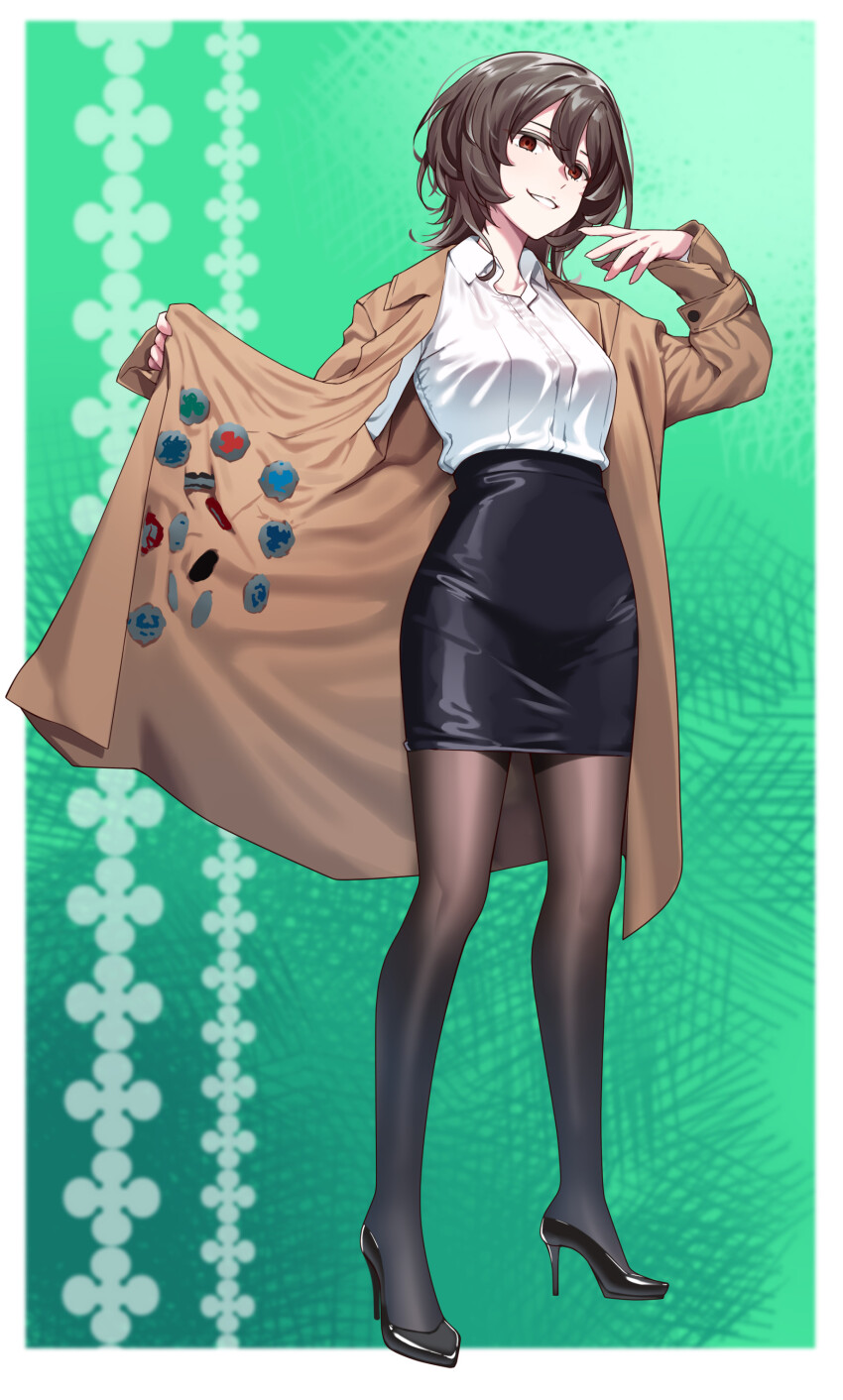 1girl absurdres beyblade beyblade_(object) black_shoes black_skirt brown_coat brown_eyes brown_pantyhose coat coat_lift collared_shirt downer_onee-san_(downer_onee-san_wa_asobitai) downer_onee-san_wa_asobitai dress_shirt full_body green_background grin hair_between_eyes hiememiko high_heels highres looking_at_viewer medium_hair open_clothes open_coat outside_border pantyhose pencil_skirt shirt shoes skirt smile solo white_shirt wolf_cut