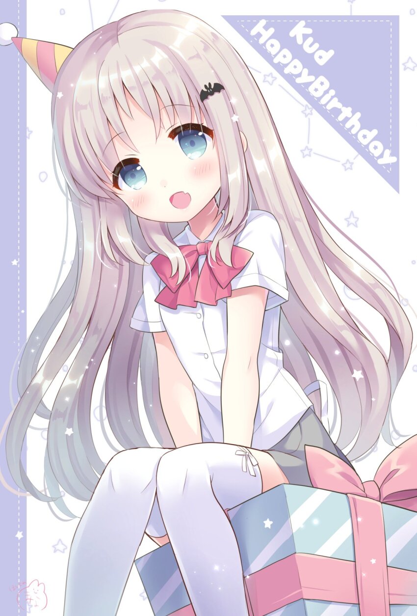 1girl 2019 bat_hair_ornament blue_eyes blush bow box character_name commentary_request dated_commentary fang feet_out_of_frame flat_chest gift gift_box grey_hair hair_ornament happy happy_birthday hat highres hoshimame_mana little_busters! little_busters!_school_uniform long_hair looking_at_viewer noumi_kudryavka open_mouth parted_bangs party_hat pink_bow school_uniform shirt short_sleeves sidelocks simple_background sitting skin_fang smile solo star_(symbol) tareme thighhighs v_arms very_long_hair white_background white_shirt white_thighhighs zettai_ryouiki
