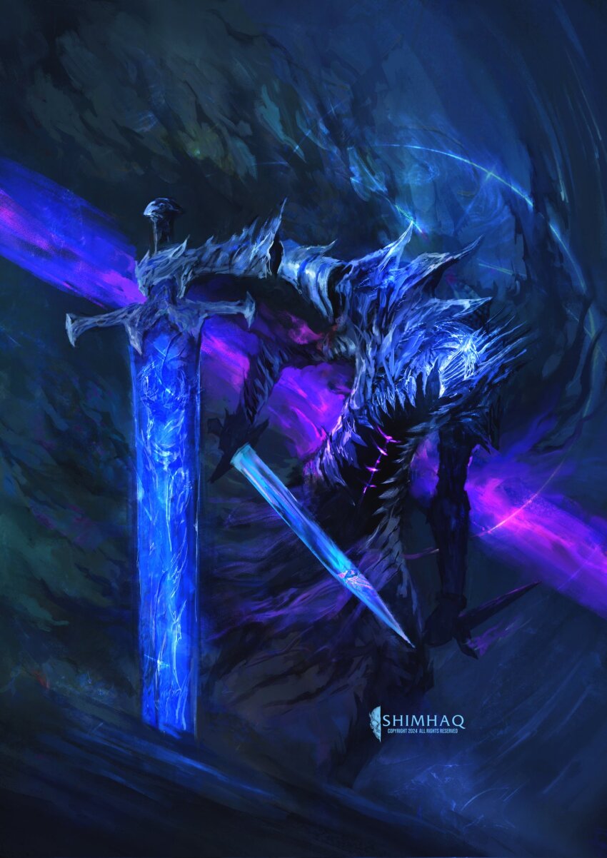 1other armor artist_name blue_theme cape dual_wielding elden_ring elden_ring_nightreign extra_arms fire full_armor gauntlets glowing glowing_sword glowing_weapon helmet heolstor_the_nightlord highres holding holding_sword holding_weapon purple_cape shimhaq shoulder_armor smoke sword triple_wielding upper_body weapon