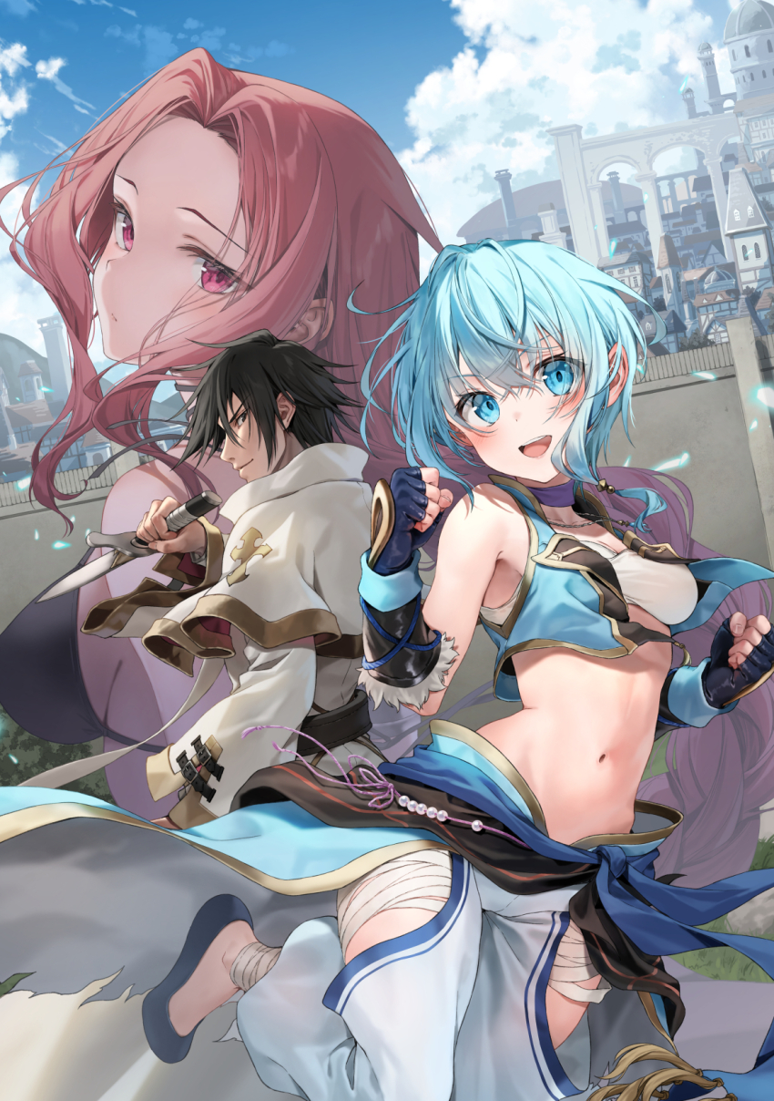 1boy 2girls :d aqua_eyes aqua_hair bandaged_leg bandages black_eyes black_hair blue_sky bra capelet castle clenched_hands cloud cover cover_page curly_sidelocks dutch_angle fingerless_gloves flats gloves highres holding holding_knife kakao_rantan knife laust light_smile long_hair looking_back multiple_girls narsena navel novel_cover official_art open_mouth pants party_kara_tsuihousareta_sono_chiyushi_jitsu_wa_saikyou_ni_tsuki ralma red_eyes red_hair short_hair sky smile standing standing_on_one_leg strapless tube_top underwear wrist_guards
