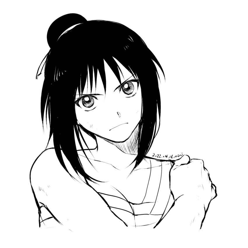 1girl 2022 bandaged_chest bare_arms closed_mouth collarbone cropped_torso dated frown fullmetal_alchemist greyscale hair_bun hair_ribbon head_tilt highres lan_fan looking_at_viewer mini_(pixiv6327751) monochrome ribbon short_hair sidelocks simple_background sketch solo upper_body white_background