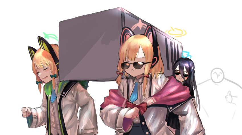 1boy 3girls :3 absurdres aimpoleume animal_ear_headphones animal_ears aris_(blue_archive) assisted_carrying black_hair blonde_hair blue_archive blue_necktie blush bow carrying cat_ear_headphones closed_eyes closed_mouth coffin dancing_pallbearers_(meme) embarrassed fake_animal_ears green_ribbon hair_between_eyes hair_bow halo headband headphones highres jacket long_hair long_hair_between_eyes long_sleeves medium_hair meme midori_(blue_archive) momoi_(blue_archive) multiple_girls necktie open_mouth red_ribbon ribbon school_uniform shirt siblings simple_background sisters sketch smile sunglasses twins upper_body white_background white_jacket white_shirt