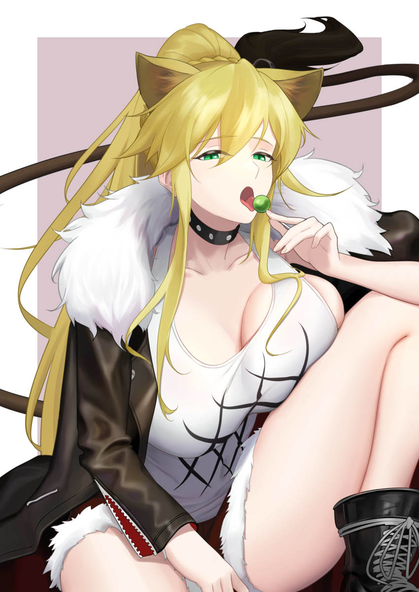 1girl absurdres animal_ears arknights artoria_pendragon_(fate) artoria_pendragon_(lancer)_(fate) black_footwear black_jacket blonde_hair breasts candy choker cosplay fate/grand_order fate_(series) food fur-trimmed_jacket fur-trimmed_shorts fur_trim green_eyes hair_between_eyes highres holding holding_candy holding_food holding_lollipop jacket kawasumi_ayako knee_up large_breasts leather leather_jacket licking lion_ears lion_girl lion_tail lollipop long_hair looking_at_viewer n.e_(sakura-233) open_mouth ponytail red_shorts shorts sidelocks siege_(arknights) siege_(arknights)_(cosplay) sitting solo studded_choker swept_bangs tail tank_top thighs tongue tongue_out voice_actor_connection white_tank_top