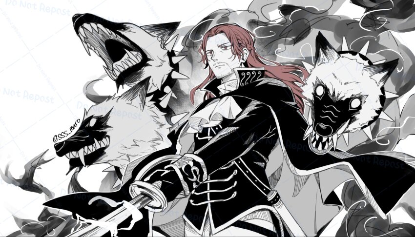 1boy ascot beard_stubble black_cape black_gloves cape cerberus collar empty_eyes facial_hair figarland_shamrock gloves high_collar highres holding holding_sword holding_weapon living_weapon long_hair male_focus military_uniform mustache_stubble one_piece pants red_hair scabbard serious sharp_teeth sheath spiked_collar spikes sss_maro stubble sword teeth twitter_username upper_body weapon white_ascot white_pants yellow_eyes