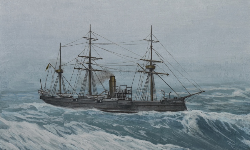 acrylic_paint_(medium) atelier_bono guangjia_(ironclad) highres imperial_chinese_navy ironclad mast military_vehicle no_humans ocean original painting_(medium) ship sky smoke smokestack storm traditional_media warship watercraft waves